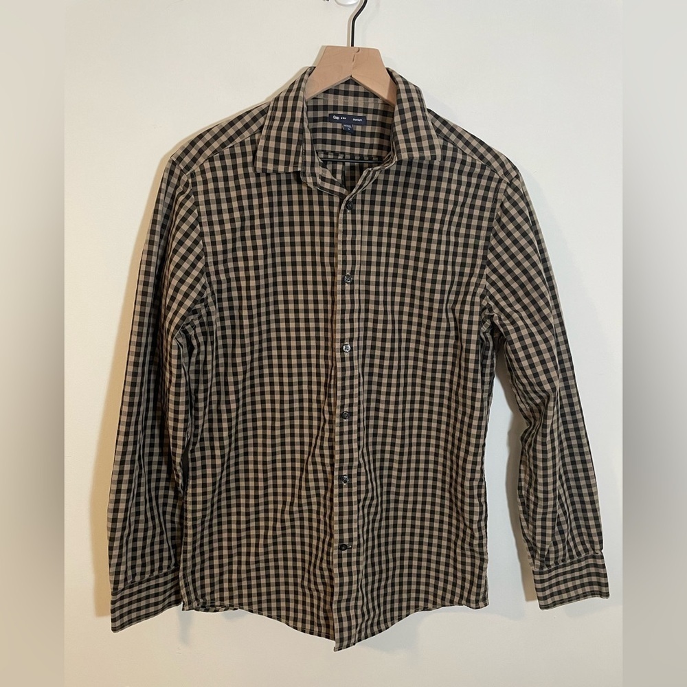 Gap Black & Tan Checkered Long Sleeve Button Down Shirt Sz Med Fall Lumberjack